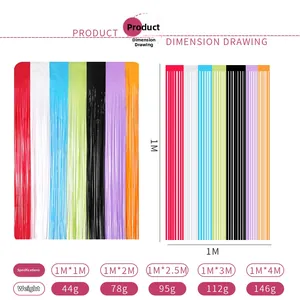 Size chart showing dimensions and weight for colorful matte fringe foil curtains