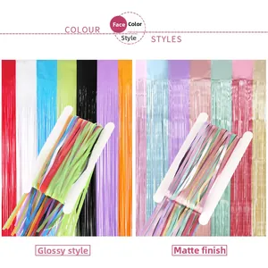 Detail comparing glossy and matte colorful 2m fringe curtains for party background decor