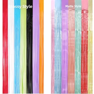 Detail view of 2-meter colorful fringe curtains in both shiny metallic and soft matte finishes