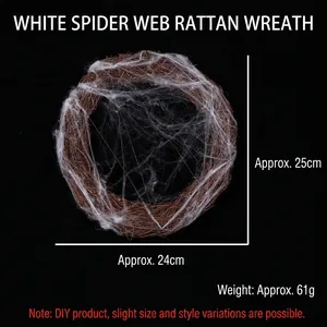 Detail of Halloween spider web wreath made of brown rattan measuring 25cm in diameter