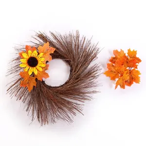 Halloween sunflower wreath with maple leaves on natural branch ring for autumn home decor