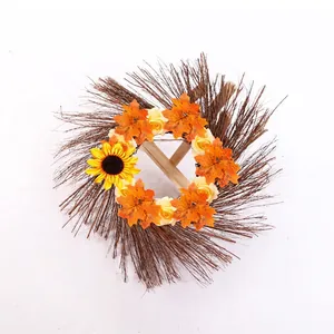 Halloween Wreath Sun Ring Decorative Artificial Sunflower Maple Leaf Natural Wood Twig Festive Home Wall Door Ornament