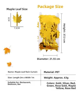 Detailed specs of golden maple leaf foil curtain showing leaf size and 1x2m dimensions