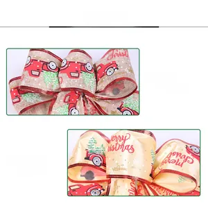 Macro view showing fine linen texture and satin fabric detail of Christmas bows