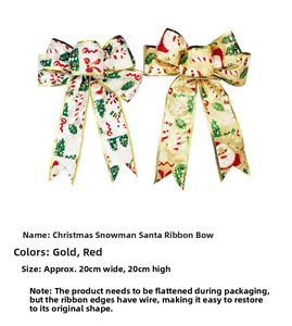 Close-up of 20cm Christmas ribbon bows with Santa and snowman patterns and wired edges