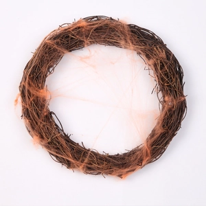 Halloween wreath with dried branches and orange spider web decoration for party props