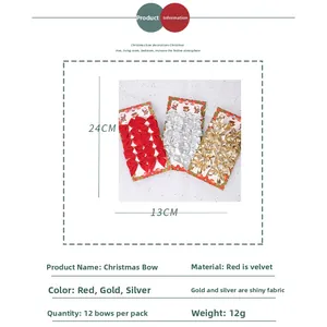 Detailed size specifications for 12pcs mini Christmas bows in red gold and silver