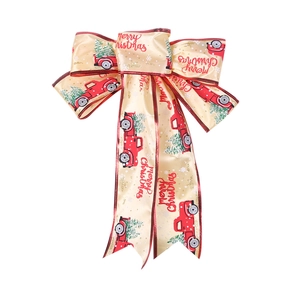 Satin Christmas bow ornament with red truck and Merry Christmas print for festive car decor