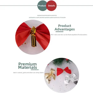 Close-up of mini Christmas bows in red velvet and metallic gold and silver with wire ties