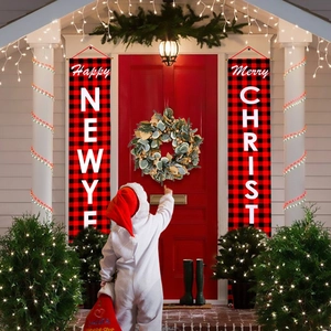 Detail of buffalo plaid Merry Christmas and Happy New Year door banners with wreath