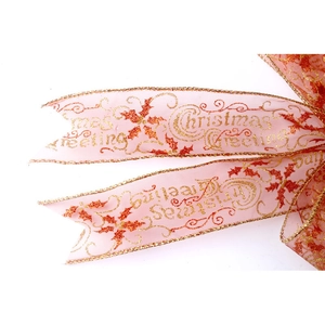 Christmas sheer ribbon with golden Greeting text and holly patterns for holiday tree decor