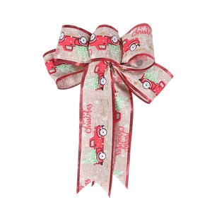 Linen Christmas car bow decoration with red truck pattern and Merry Christmas text