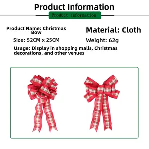 Detail view of large Christmas bow 52x25cm with red and green plaid fabric design