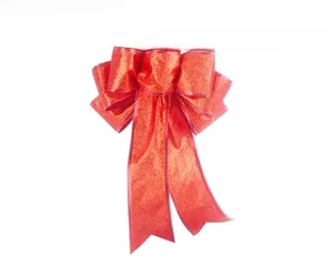 Detailed view of a 20cm red glitter bow ornament for festive Christmas tree decoration
