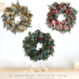 Artificial Christmas Wreath With Merry Christmas Letter Sign Eucalyptus Leaves Red Berries Bow For Front Door Wall Decor