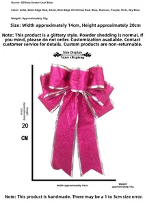 Detail view of 20cm pink Christmas glitter bow with silver edges and 14cm width