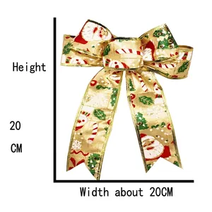 Golden Christmas bow with Santa and snowman patterns, measuring 20cm by 20cm