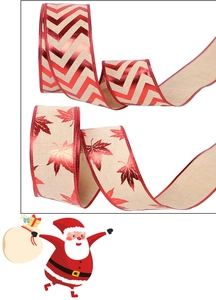 Detail of Christmas ribbon with red chevron and maple leaf prints for DIY crafts