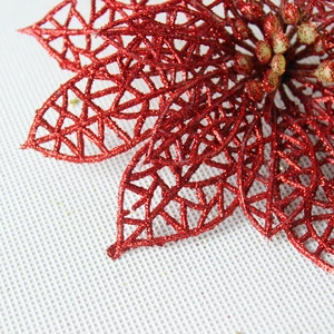Detail showing 14cm red glitter hollow artificial Christmas flower for tree decoration