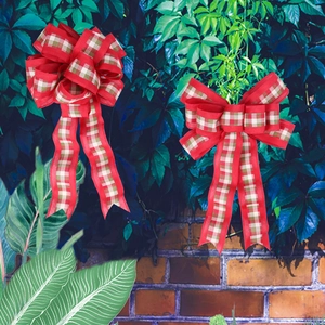 Christmas tree plaid bows in red, green and white for festive holiday decoration