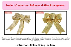 Comparison of 20cm gold glitter Christmas bow before and after fluffing for tree decor