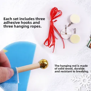 Christmas banner kit with three hooks, ropes, and one solid wood hanging rod set