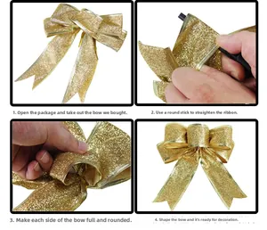 DIY steps showing how to shape and assembly the gold glitter Christmas bow decoration