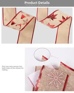Detailed macro view of Christmas wired edge ribbon with festive reindeer and snowflake prints