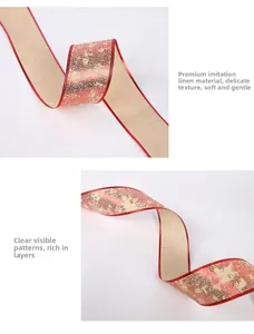 Detailed texture of red wired Christmas ribbon with gold glitter on faux linen fabric