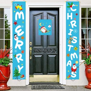 Blue Christmas porch banner set with Merry Christmas text and festive cartoon icons