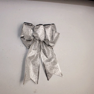 Sparkling silver glitter bow with black stripe edges for 20cm Christmas tree decoration