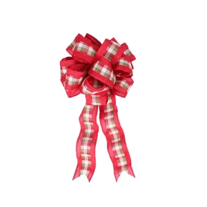 Classic red and green gingham Christmas tree bow decoration with long flowing tails