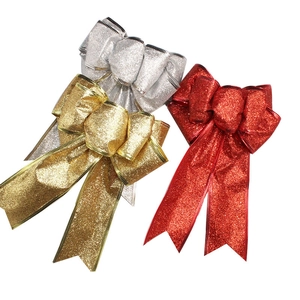 Set of 20cm glitter Christmas bows in gold, silver, and red for holiday tree decoration