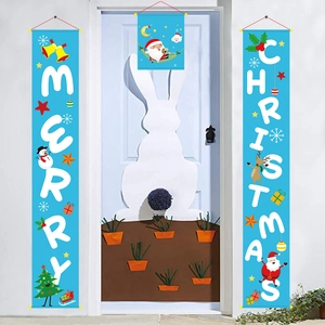 Detail of blue Christmas door banner set with Merry Christmas text and festive illustrations