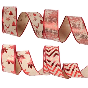 Christmas polyester ribbons with snowflake and deer foil patterns for tree decoration