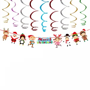 Colorful Christmas party decor set with Santa, elk, penguin banners and PVC spiral swirls
