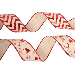 Christmas burlap ribbons with red snowflake and chevron patterns for gift wrapping
