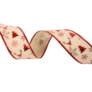 Rustic beige Christmas ribbon with elk and snowflake patterns for tree decoration