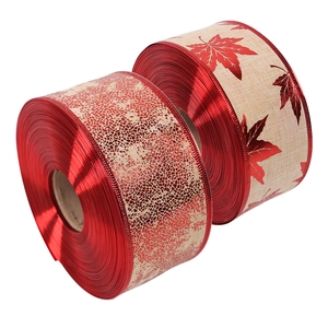 Polyester Christmas ribbons with red maple leaf and marble patterns with metallic edges