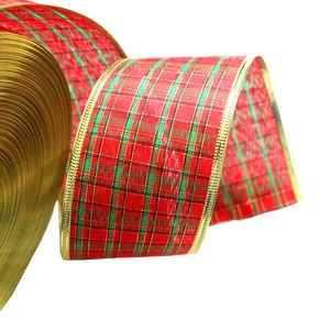 Red and green tartan plaid Christmas ribbon with gold edges for holiday tree decor