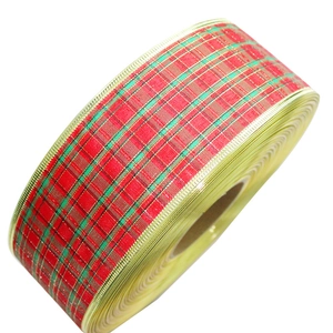 Christmas Plaid Ribbon Gold Wired Edge Red Green Scottish Tartan Fabric Ribbon Roll For Christmas Tree Party Decoration