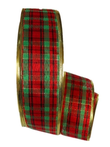 Close-up of red and green Tartan Christmas ribbon with gold metallic stitched edges