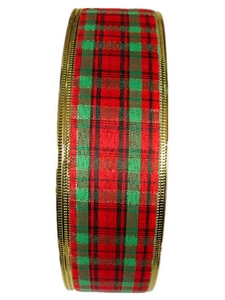 Detail of red and green plaid Christmas ribbon with gold metallic wired edges