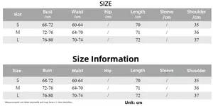 Detaillierte Größentabelle mit Maßen für Brust, Taille, Länge und Schulter in Zentimetern