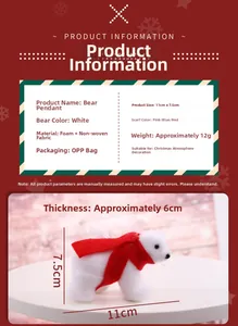 Vue détaillée de l'ourson en mousse blanche avec écharpe rouge et dimensions du produit