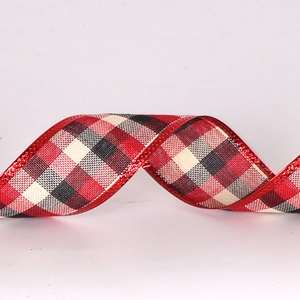 Red and black Scottish plaid Christmas ribbon with wired metallic edges for tree decor
