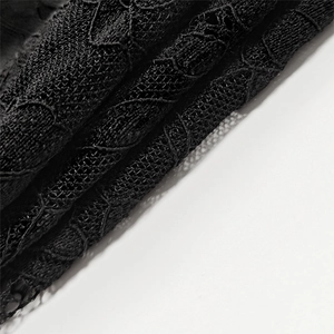 Macro shot of black lace fabric showing detailed floral embroidery and sheer mesh texture