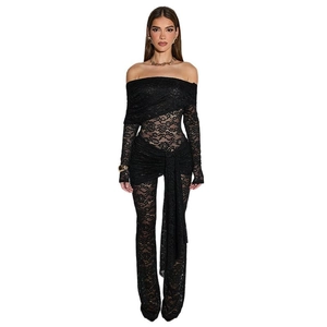 Sexy black lace off-shoulder long sleeve jumpsuit with flared legs and floral patterns