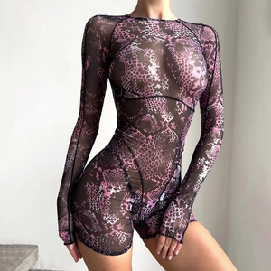 Justaucorps Sexy en Mesh à Imprimé Python pour Femmes Manches Longues Dos Nu Taille Haute Combinaison Bodycon Clubwear