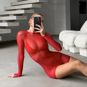 Body sexy rouge en mesh transparent à manches longues et taille haute pour femme